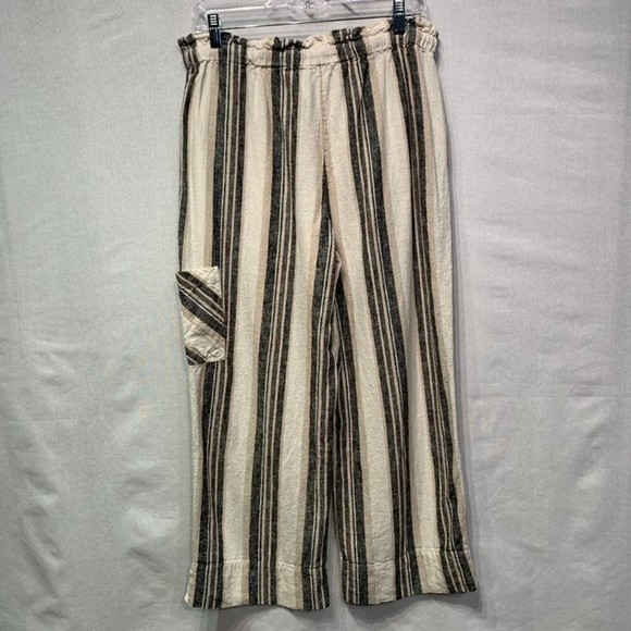 Naturals D&co Linen Striped cropped Cargo pocket paper bag waist pants SMALL - Picture 7 of 9